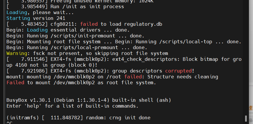  Failed to mount /dev/mmcblk0p2 as root file system.